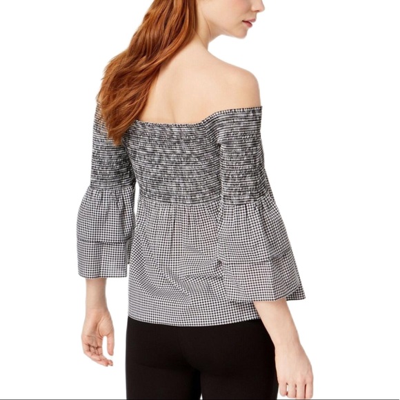 Bar III black and white gingham smocked blouse|off the shoulder - Picture 5 of 7